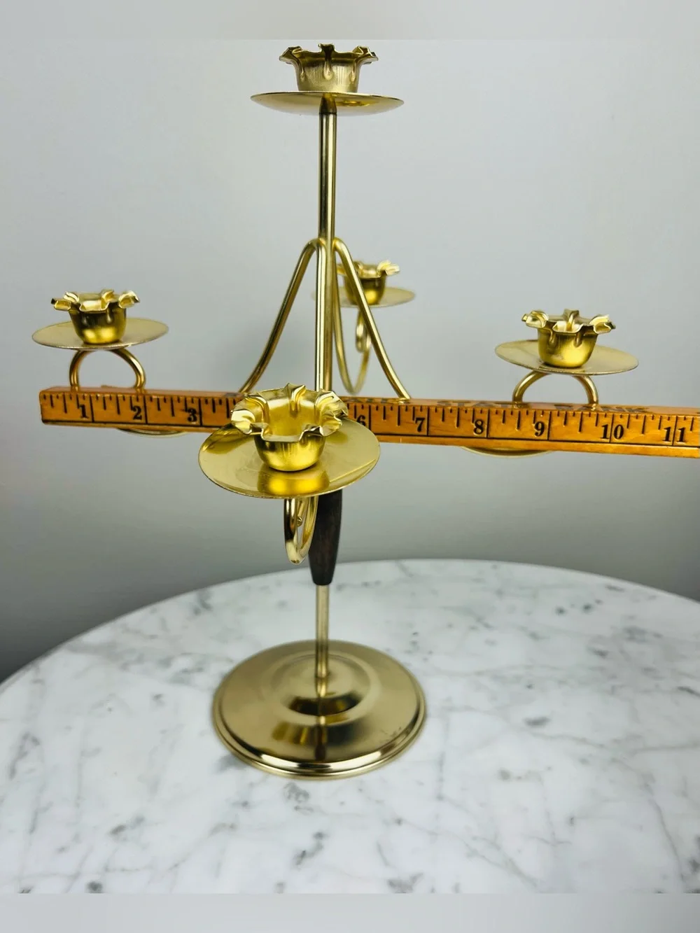 Vintage MCM Mid-Century Modern Brass & Wood Five-Arm Candelabra